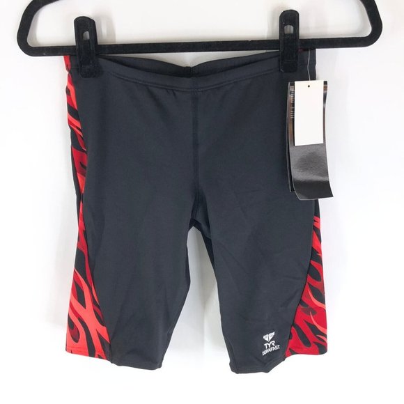TYR Mens Jammer Swimwear Bottoms Shorts Drawstring Geometric Red Black 32 S